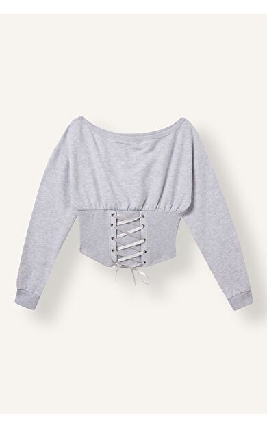 DeFacto Slim Fit Kayık Yaka Korse Detaylı Crop Basic Sweatshirt