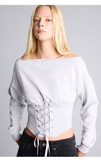 DeFacto Slim Fit Kayık Yaka Korse Detaylı Crop Basic Sweatshirt
