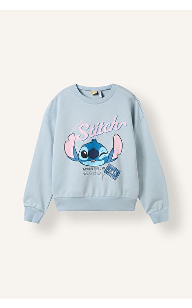 DeFacto Disney Lilo & Stitch Relaxed Fit Bisiklet Yaka Baskılı Sweatshirt Kız Çocuk