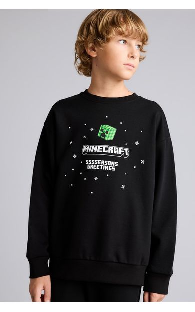 DeFacto Yılbaşı Temalı Minecraft Regular Fıt Bisiklet Yaka İçi Yumuşak Tüylü Kalın Sweatshirt Kumaşı Sweatshirt Erkek Çocuk