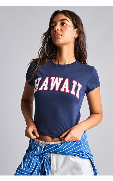 DeFacto Fitted Bisiklet Yaka Hawaii Baskılı Ribana Kısa Kollu Crop Tişört