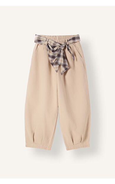 DeFacto Ekose Kemerli Barrel Fit Gabardin Pantolon Kız Çocuk