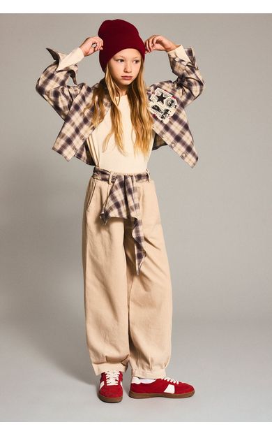 DeFacto Ekose Kemerli Barrel Fit Gabardin Pantolon Kız Çocuk
