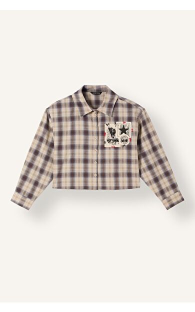 DeFacto Relaxed Fit Ekose Yama Detaylı Poplin Uzun Kollu Crop Gömlek Kız Çocuk