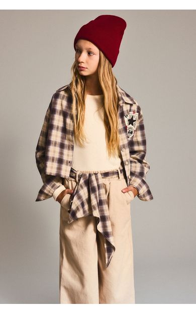 DeFacto Relaxed Fit Ekose Yama Detaylı Poplin Uzun Kollu Crop Gömlek Kız Çocuk