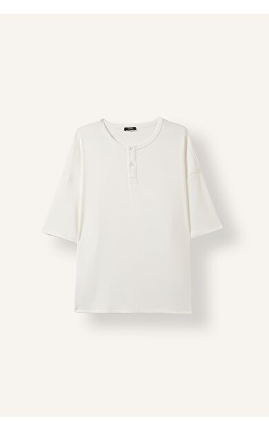 DeFacto Henley Yaka Boxy Fit Kısa Kollu Tişört