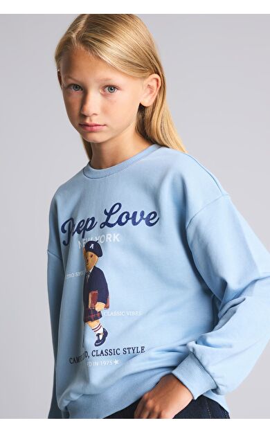 DeFacto Relaxed Fit Bisiklet Yaka Ayıcık Baskılı Sweatshirt Kız Çocuk