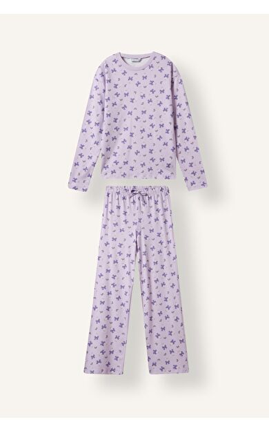DeFacto Uzun Kollu Üst Elastik Bel Alt Kelebek Desenli 2'li Pijama Takımı Kız Çocuk