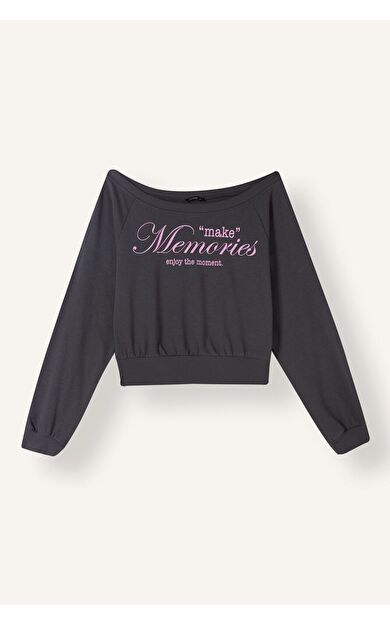 DeFacto Cropped Fıt Kayık Yaka Baskılı Sweatshirt