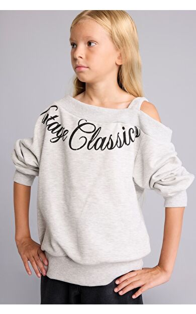 DeFacto Asimetrik Omzu Açık Baskılı Sweatshirt Kız Çocuk