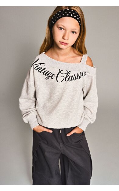 DeFacto Asimetrik Omzu Açık Baskılı Sweatshirt Kız Çocuk