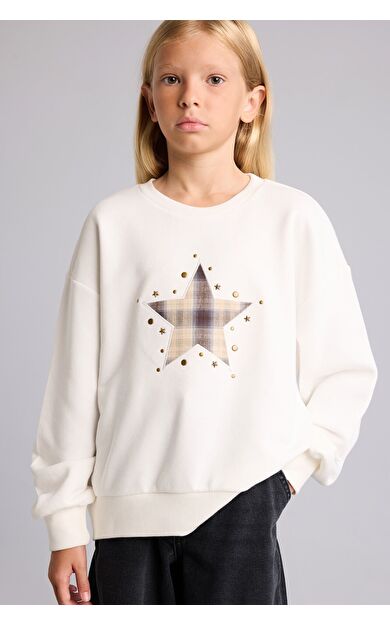 DeFacto Relax Fit Bisiklet Yaka Yıldız Detaylı Uzun Kollu Sweatshirt Kız Çocuk