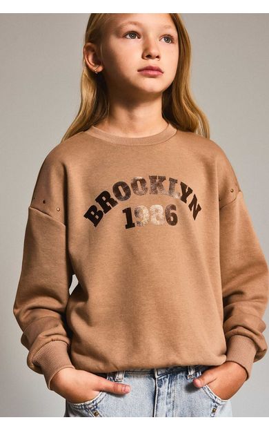 DeFacto Relax Fıt Bisiklet Yaka Slogan Baskılı Sweatshirt Kız Çocuk Bej
