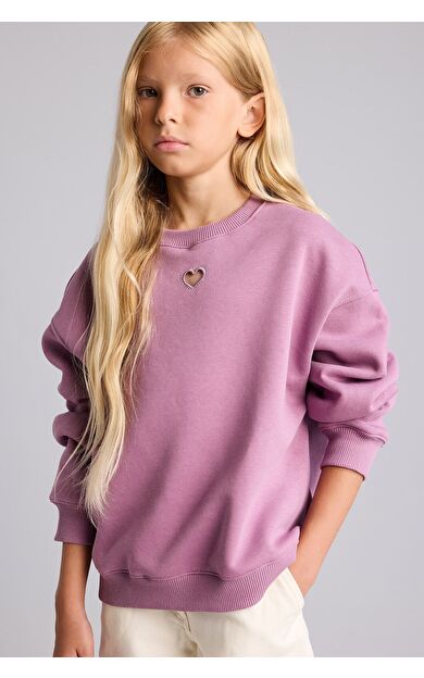 DeFacto Relax Fıt Bisiklet Yaka Kalp Desenli İçi Yumuşak Tüylü Kalın Sweatshirt Kumaşı Sweatshirt Kız Çocuk