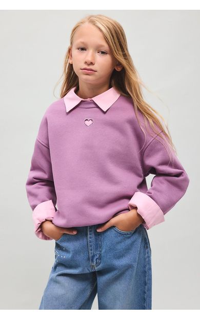 DeFacto Relax Fıt Bisiklet Yaka Kalp Desenli İçi Yumuşak Tüylü Kalın Sweatshirt Kumaşı Sweatshirt Kız Çocuk