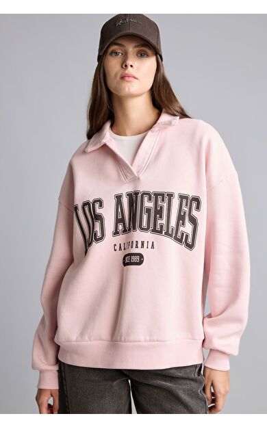 DeFacto Regular Fıt Kaçık Yaka Baskılı Kalın Sweatshirt Kumaşı Sweatshirt