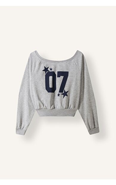 DeFacto Oversize Kayık Yaka Baskılı Kalın Crop Sweatshirt