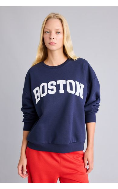 DeFacto Oversize Bisiklet Yaka Boston Baskılı Sweatshirt