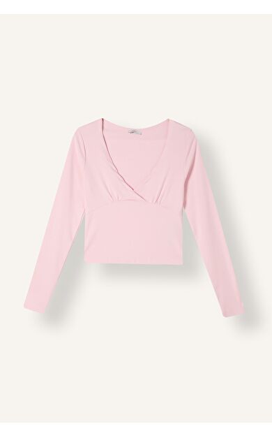 DeFacto Fitted V Yaka Kruvaze Görünümlü Ribana Uzun Kollu Crop Basic Tişört