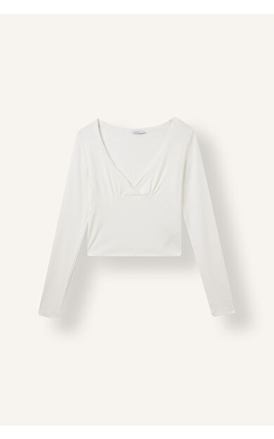 DeFacto Fitted V Yaka Kruvaze Görünümlü Ribana Uzun Kollu Crop Basic Tişört