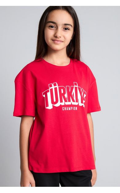 DeFacto %100 Pamuk Regular Fit Bisiklet Yaka Türkiye Champion Baskılı Kısa Kollu Tişört Kız Çocuk