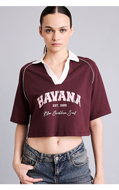 DeFacto Oversize Kontrast Polo Yaka Baskılı Crop Tişört