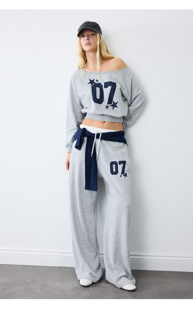 DeFacto Wıde Leg Baskılı Kalın Sweatshirt Kumaşı Pantolon