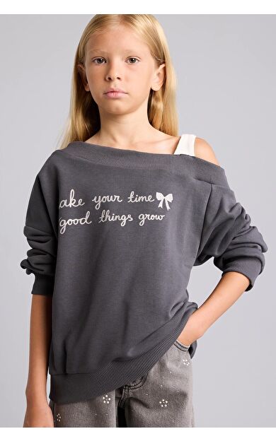 DeFacto Regular Fıt Omzu Açık Slogan Baskılı Sweatshirt Kumaşı Sweatshirt Kız Çocuk