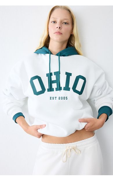 DeFacto Oversıze Bisiklet Yaka Baskılı Sweatshirt Beyaz