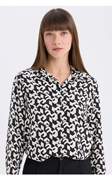 DeFacto Regular Fit Gömlek Yaka Baskılı Uzun Kollu Gömlek