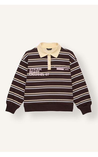 DeFacto Oversize Polo Yaka Çizgili Baskılı Sweatshirt Kız Çocuk