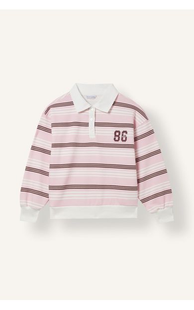 DeFacto Oversize Polo Yaka Çizgili Baskılı Sweatshirt Kız Çocuk