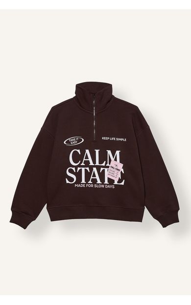 DeFacto Oversize Yarım Fermuarlı Baskılı Kalın Sweatshirt Kız Çocuk