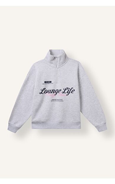 DeFacto Oversıze Yarım Fermuarlı Slogan Baskılı Kalın Sweatshirt Kumaşı Sweatshirt Kız Çocuk
