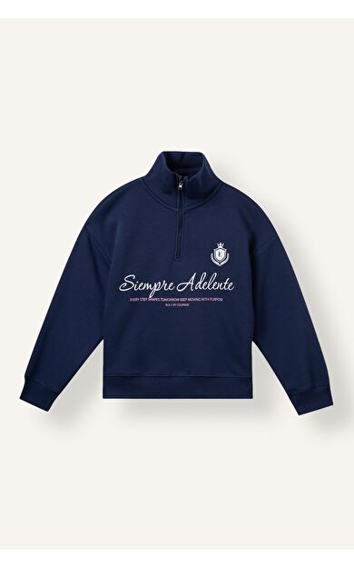 DeFacto Oversıze Yarım Fermuarlı Slogan Baskılı Kalın Sweatshirt Kumaşı Sweatshirt Kız Çocuk