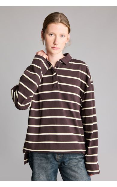 DeFacto %100 Pamuk Oversize Polo Yaka Düğmeli Çizgili Sweatshirt
