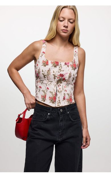 DeFacto Kare Yaka Floral Gabardin Kısa Kollu Bluz