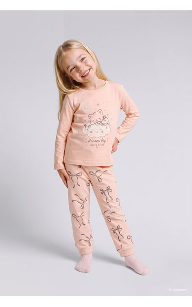 DeFacto Kedi ve Fiyonk Baskılı Pamuklu 2'li Pijama Takımı Kız Bebek