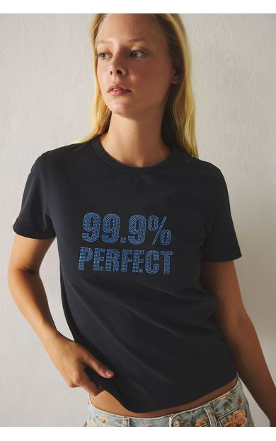 DeFacto Fitted Bisiklet Yaka Taşlı Baskılı Ribana Kısa Kollu Tişört