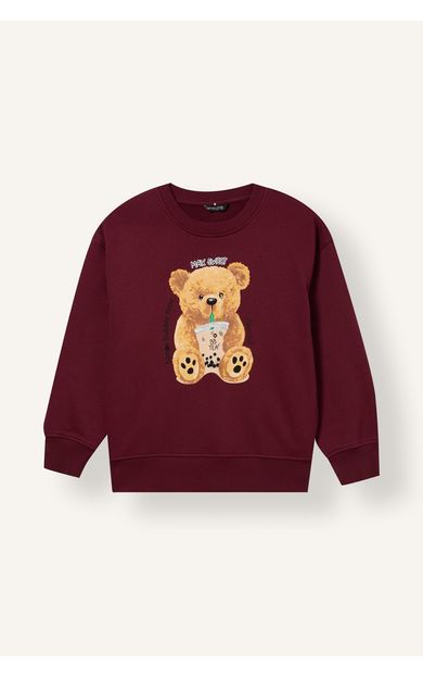DeFacto Oversıze Bisiklet Yaka Ayı Baskılı İçi Yumuşak Tüylü Kalın Sweatshirt Kumaşı Sweatshirt Kız Çocuk