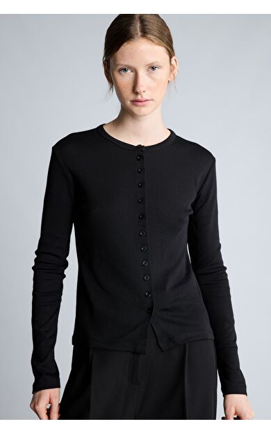 DeFacto %100 Pamuk Slim Fit Bisiklet Yaka Düğmeli Ribana Uzun Kollu Basic Hırka Siyah