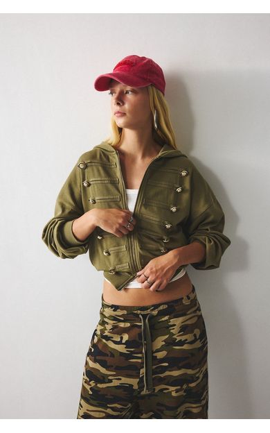 DeFacto Loose Fit Kapüşonlu Düğme Detaylı Crop Napolyon Hırka