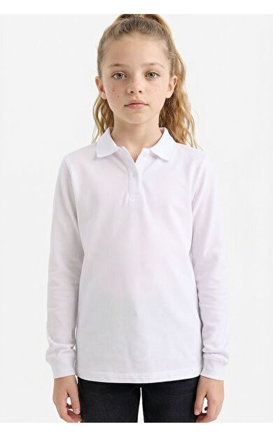 DeFacto Kız Çocuk Okula Dönüş Regular Fit Polo Yaka Basic Düz Pike Uzun Kollu Polo Tişört