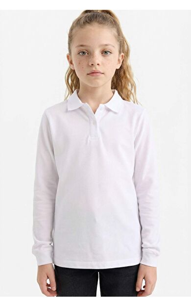 DeFacto Kız Çocuk Okula Dönüş Regular Fit Polo Yaka Basic Düz Pike Uzun Kollu Polo Tişört