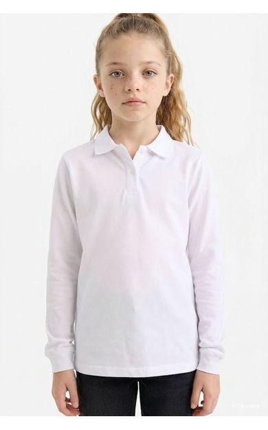 DeFacto Kız Çocuk Okula Dönüş Regular Fit Polo Yaka Basic Düz Pike Uzun Kollu Polo Tişört