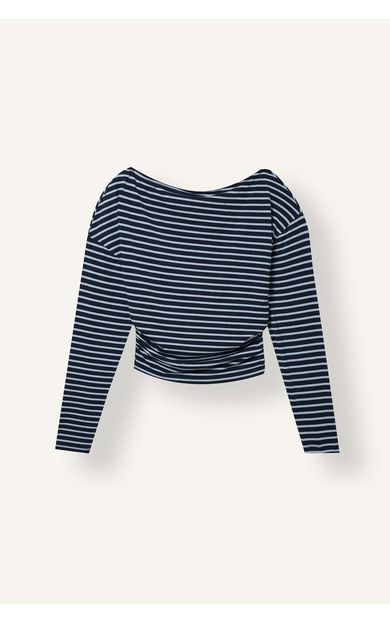 DeFacto Loose Fit Omzu Açık Çizgili Uzun Kollu Crop Tişört