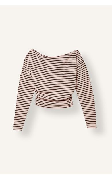 DeFacto Loose Fit Omzu Açık Çizgili Uzun Kollu Crop Tişört