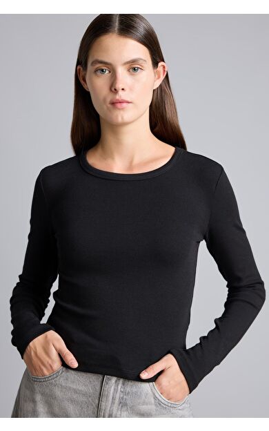DeFacto Fitted Bisiklet Yaka Ribana Uzun Kollu Basic Tişört