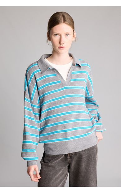 DeFacto Relaxed Fit Polo Yaka Çizgili Triko Kazak