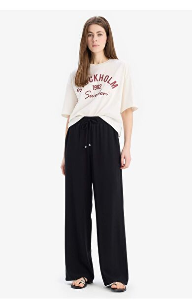 DeFacto Florida Belmando Kumaş Pantolon Cepli Yüksek Bel Geniş Paça J8738AZ25SMBK81